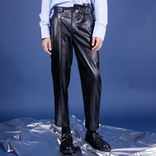 27-44 Новинка мужская одежда стилист волос модный дизайнер ассиметричный плиссированный бандаж pu кожаные брюки плюс размер костюмы