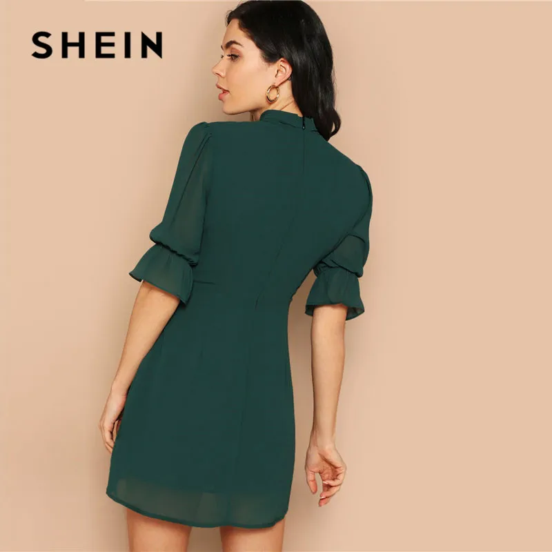 Goedkoop SHEIN Lady Green Elegant Tie Hals Stand Kraag Flounce Mouw Mini Jurk Lente Solid Half Sleeve Ruches EEN Lijn jurk