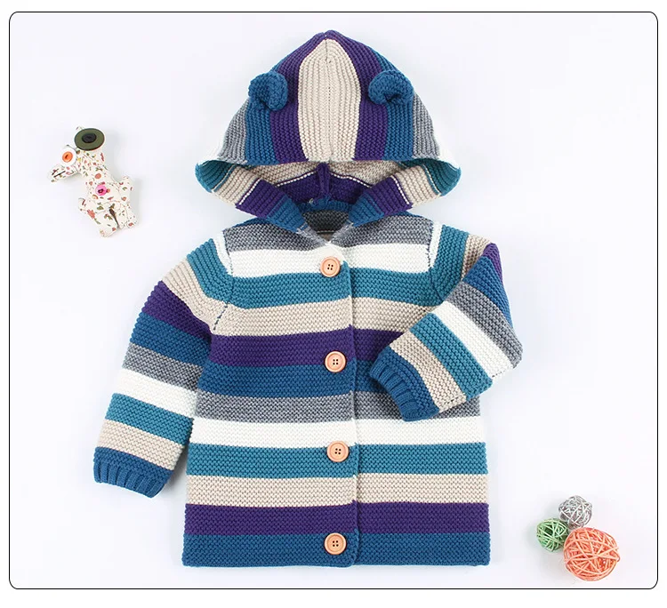 Осенне-зимняя одежда для маленьких девочек пальто для мальчиков вязаная куртка в полоску с ушками медведя однотонная Освежающая верхняя одежда для детей, пальто свитер для малышей