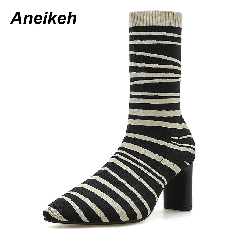 

Aneikeh Autumn Boots Women Pointed Toe Elastic knitting Ankle Boots Heel High Heels Shoes Fashion Striped Women Ankle Boots