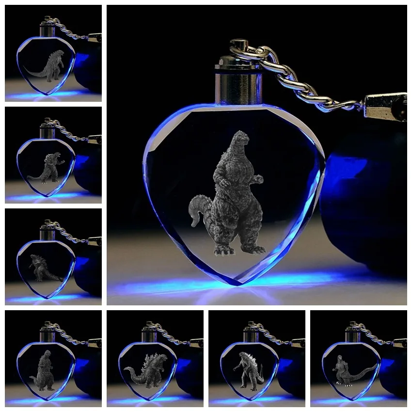 

Cartoon Godzilla LED key chains gojira funny personalized pendant heart crystal men women keyrings llaveros Jewelry kids gifts