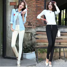 2016 Korean fashion lady breasted slim pencil jean pants.women high waist elastic casual denim pants