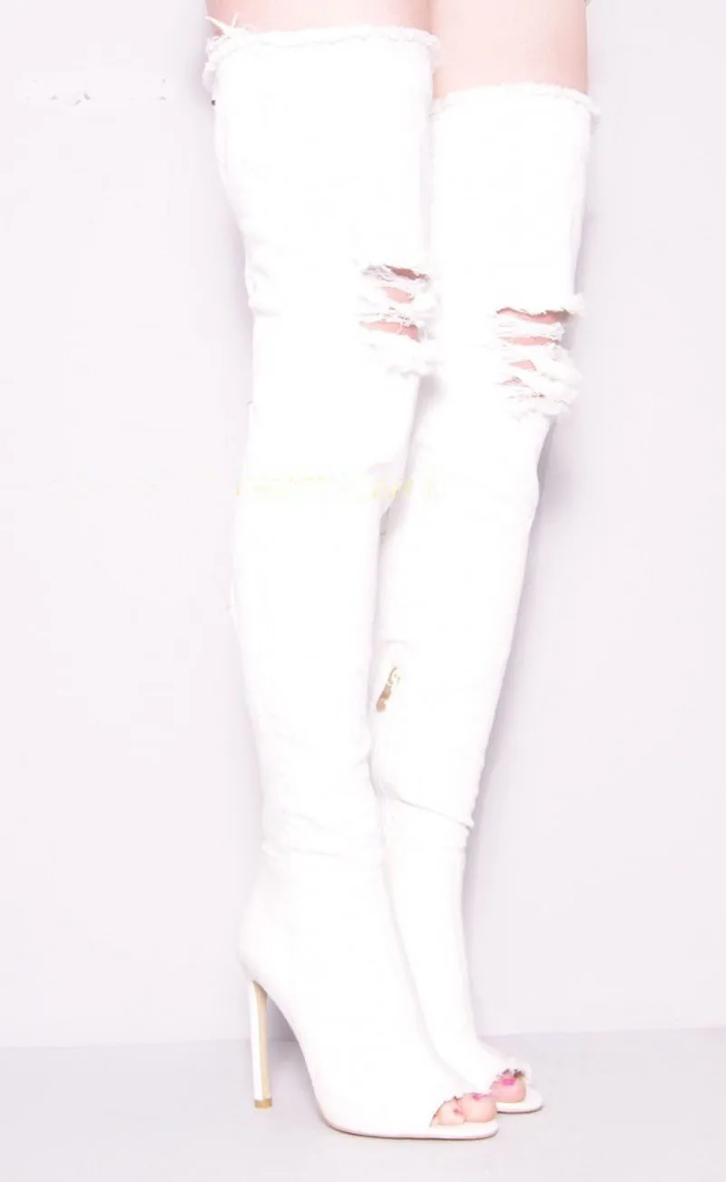 Sestito Woman Sexy Cut-outs Peep Toe Rome Sandals Boots Lady Side Zipper White&Black Denim Over-the-knee Boots Girls High Heels Sestito Woman Sexy Cut-outs Peep Toe Rome Sandals Boots Lady Side Zipper White&Black Denim Over-the-knee Boots Girls High Heels