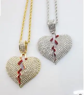 

Fashion Broken Heart Pendant Necklaces Women Men Hip Hop Jewelry Gold Silver Iced Out Chain Rhinestone Statement Necklace Gifts