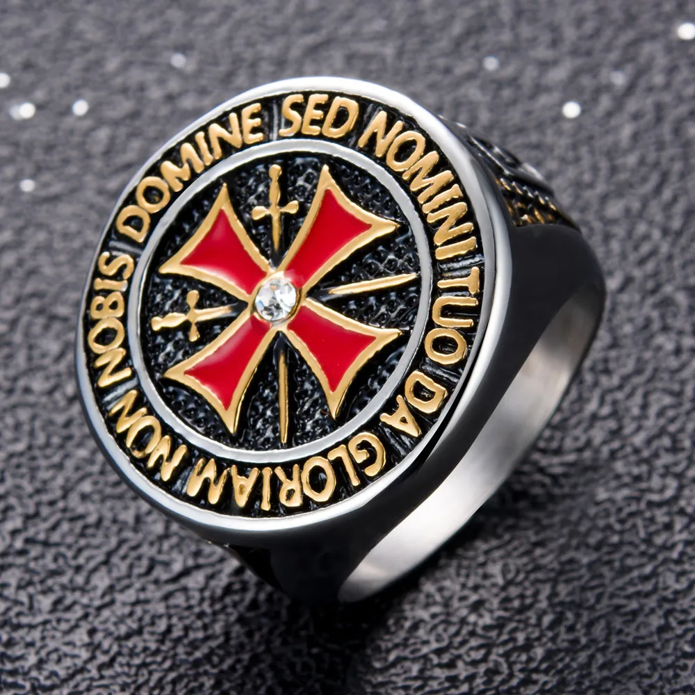 Хип-хоп панк-рок Красная эмаль один кристалл крестоносца крест кольца для мужчин рыцарь кольцо тамплиера ювелирные изделия Индивидуальный дизайн дешевые кольца