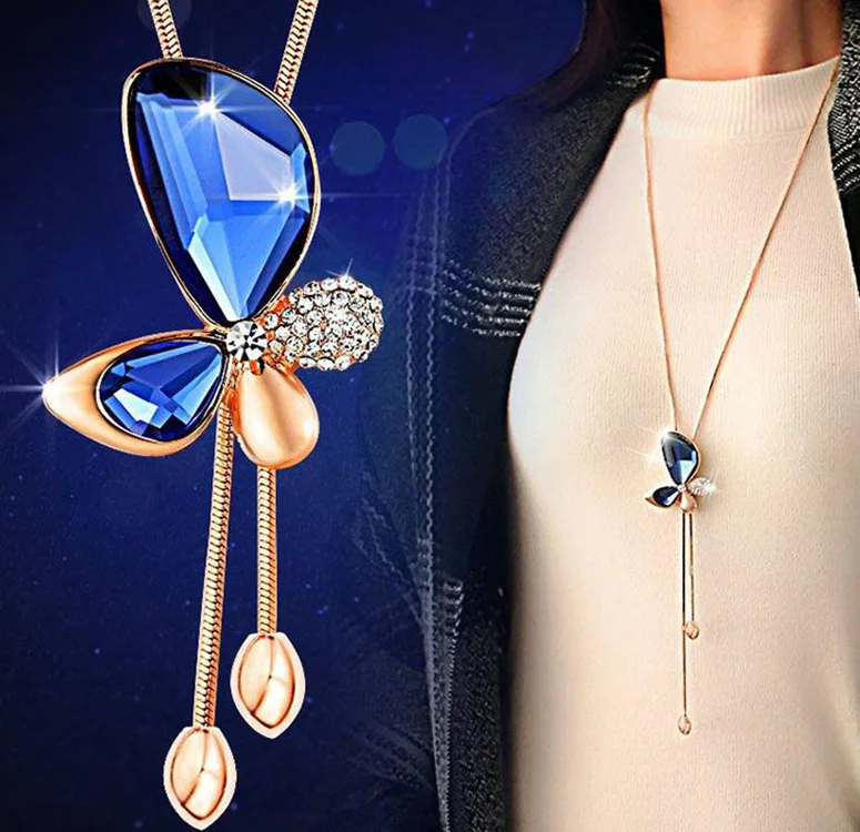 

Hot Sale Luxury White Blue Crystal Butterfly Pendant Long Statement Sweater Gold Chain Necklace for Women Girls Jewellery Bijoux