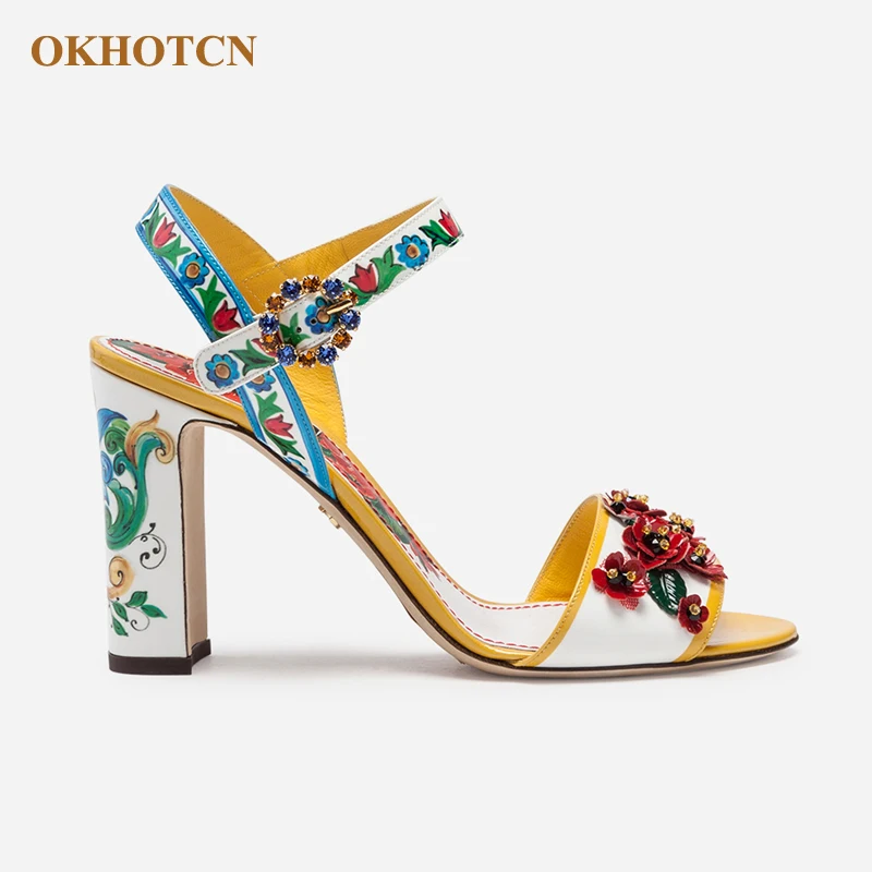 

New Basic Fashion Square Heel Women Sandals Gladiator Luxury Flower Designer Pumps Leather Sandals Shoes High Heels Shoes Woman