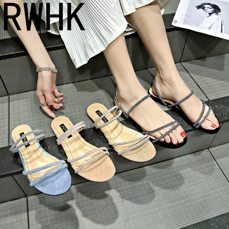 

RWHK Slippers female summer wear 2019 new Korean version of the wild female flat bottom rhinestones Roman slippers B171