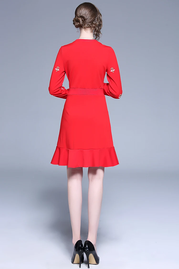 Limiguyue шикарное милое женское платье на молнии с вышивкой в виде пчелы и v-образным вырезом, мини-платье с высокой талией красного и черного цвета, дизайнерское подиумное платье T427