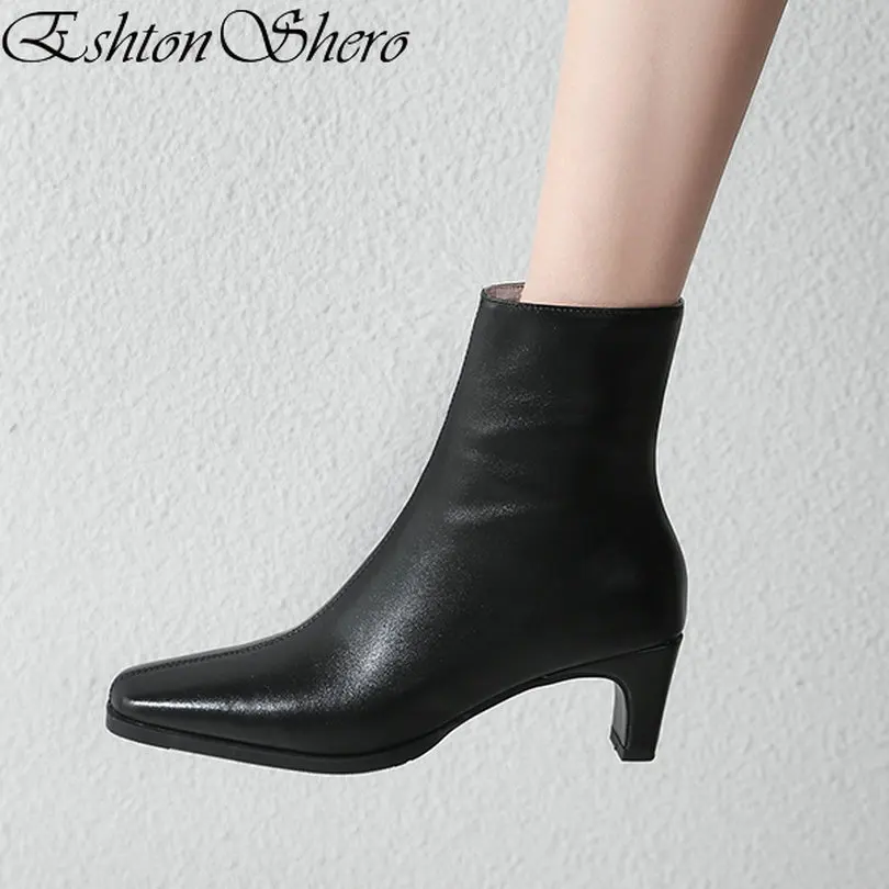 

EshtonShero Spring Ankle Boots Shoes Woman Leather+ PU Slip On Square Toe High Heel Woman Shoes Chelsea Boots Size 3-8