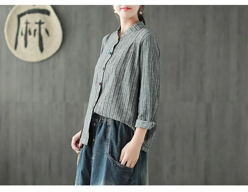 Mferlier Women Blouse Stand Collar Long Sleeve Panelled Colorful Buttons Cotton Linen Artsy Ladies Autumn Blouse