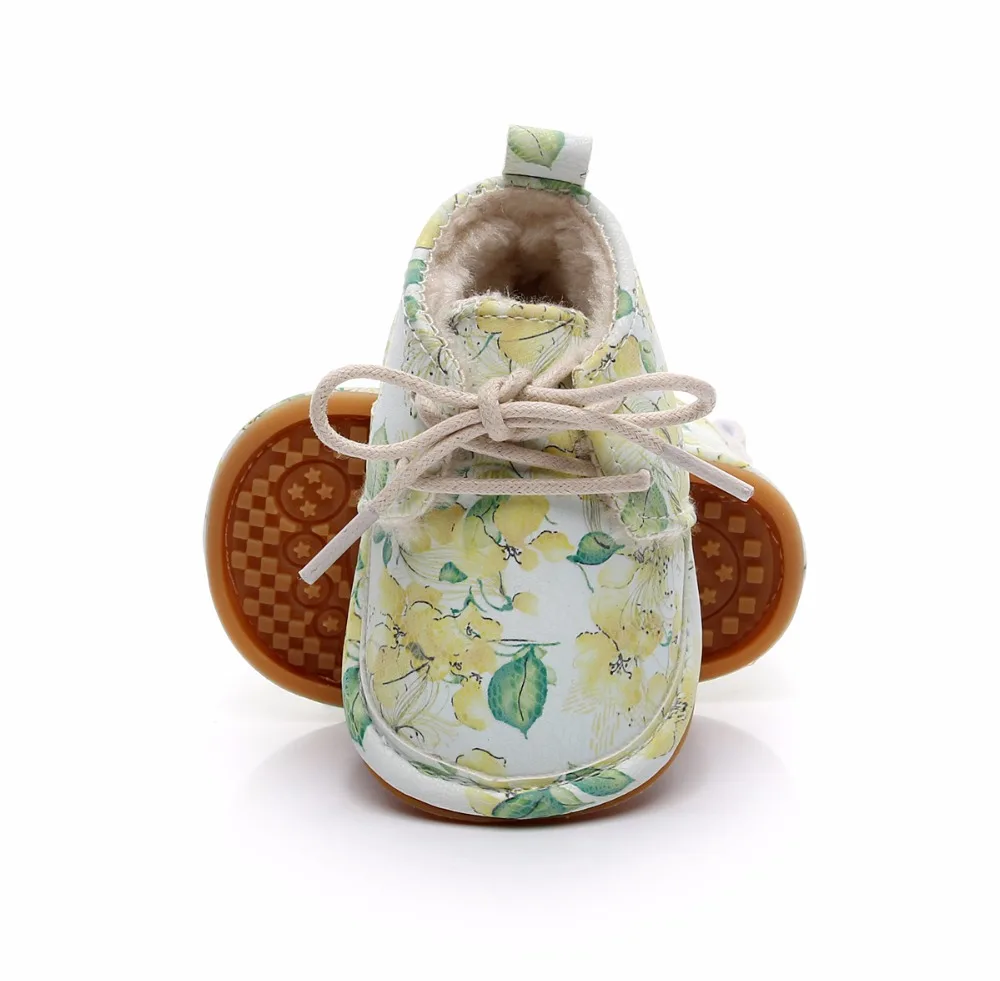 Модные Повседневные детские мокасины из искусственной кожи с цветочным принтом, на шнуровке, с твердой подошвой, для малышей