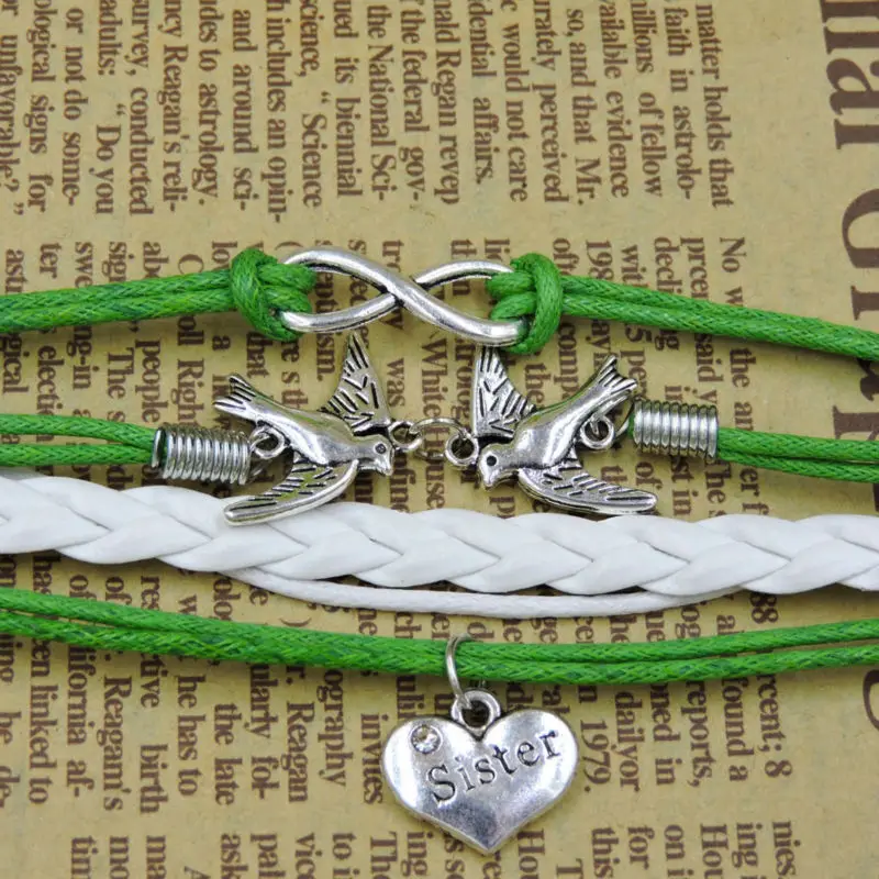 Infinity Sister Heart Peace Birds Multilayer Leather Bracelets & Bangles for women with girls wholesale bracelet B3004-2