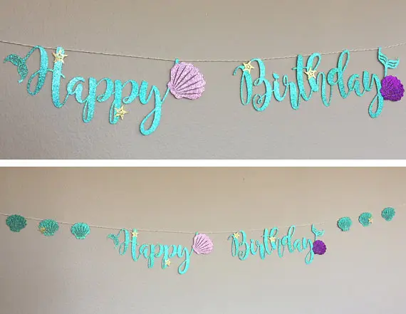 Mermaid Party Decoration Glitter Cardboard Blue Letter Garland HAPPY