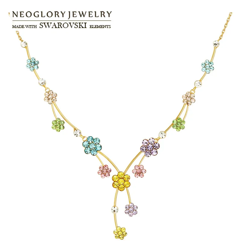 

Neoglory Austria Rhinestone Charm Long Necklace Lovely Colorful Little Flowers Design Gorgeous Light Yellow Gold Color Classic