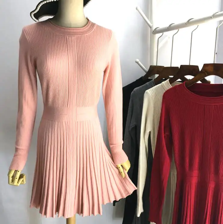 

2018 Women O-neck A-Line Pleated Knit Dress Korean Fashion Winter Sweater Dress Slim Elegant Dress