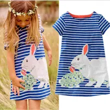 Милые Детские платья для маленьких девочек, летнее платье в полоску с короткими рукавами и рисунком кролика, платье для девочек, сарафан