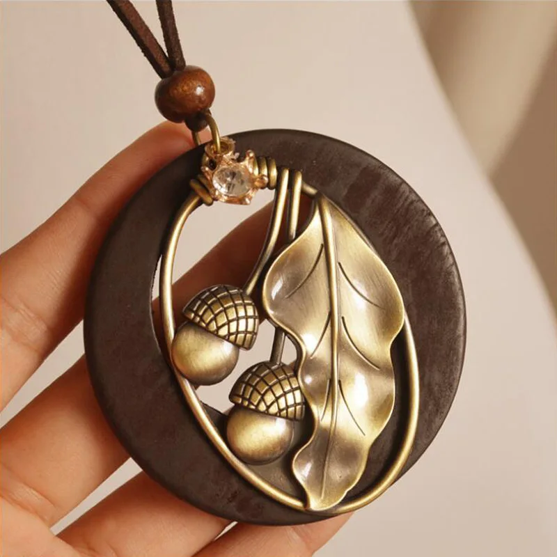 Корейское винтажное ожерелье с орнаментом геометрии из дерева и сплава желудь с большими листьями для женщин, простые ювелирные аксессуары