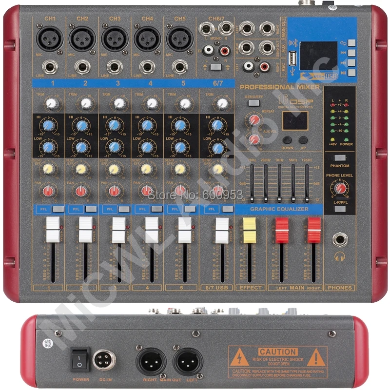 Pro Red Gray 7 Way Karaoke Stage Home Mixer Mixing Console Sound Voice Processor Wireless Bluetooth SMR-701USB