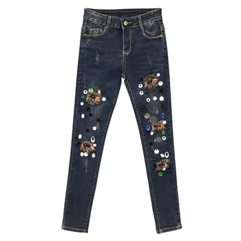 

Spring Fall Casual Women Sequined Skinny Ripped Pecil Denim Trousers , Summer High Waisted Distressed Hole Jeans Pants For Woman
