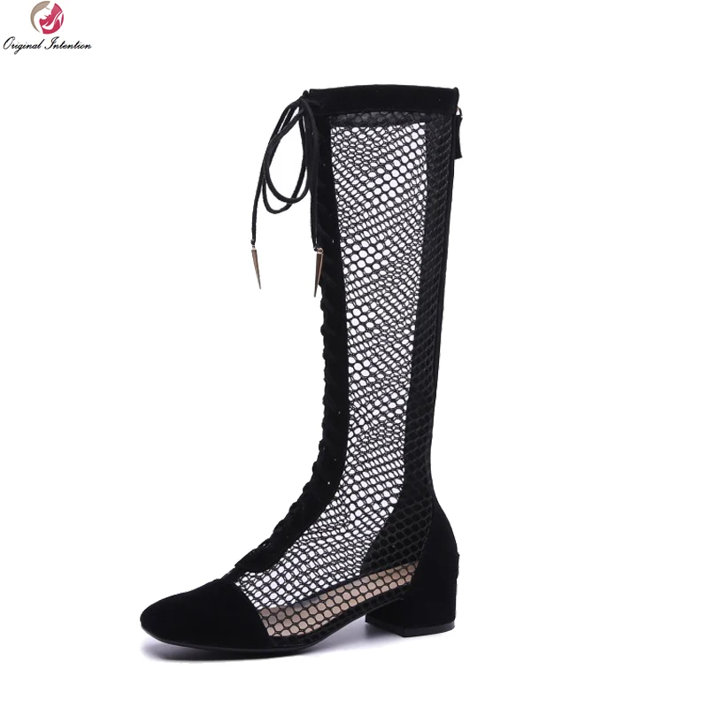 black square toe knee high boots