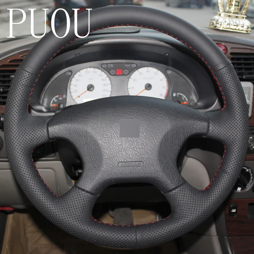Черный чехол рулевого колеса автомобиля из натуральной кожи ручной работы для