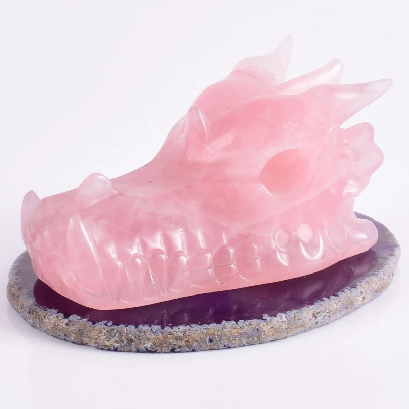 

Natural rose quartz Dragon skull figurine With amethyst Agate Slice Mat Feng shui healing Stone Home Ornament art collectible