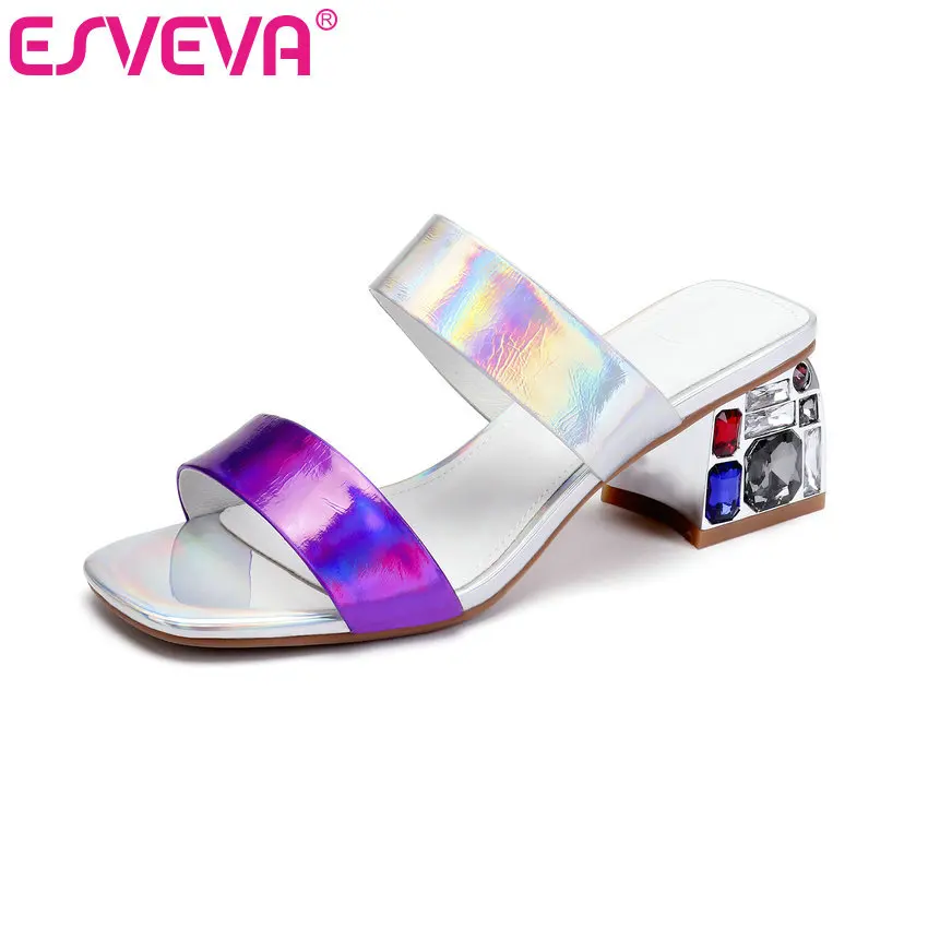 

ESVEVA 2019 Ladies Sandal Med Heel Slip On PU +Leather Pointed Toe Ladies Slingback 5.5cm Women Shoes Summer Size 34-42