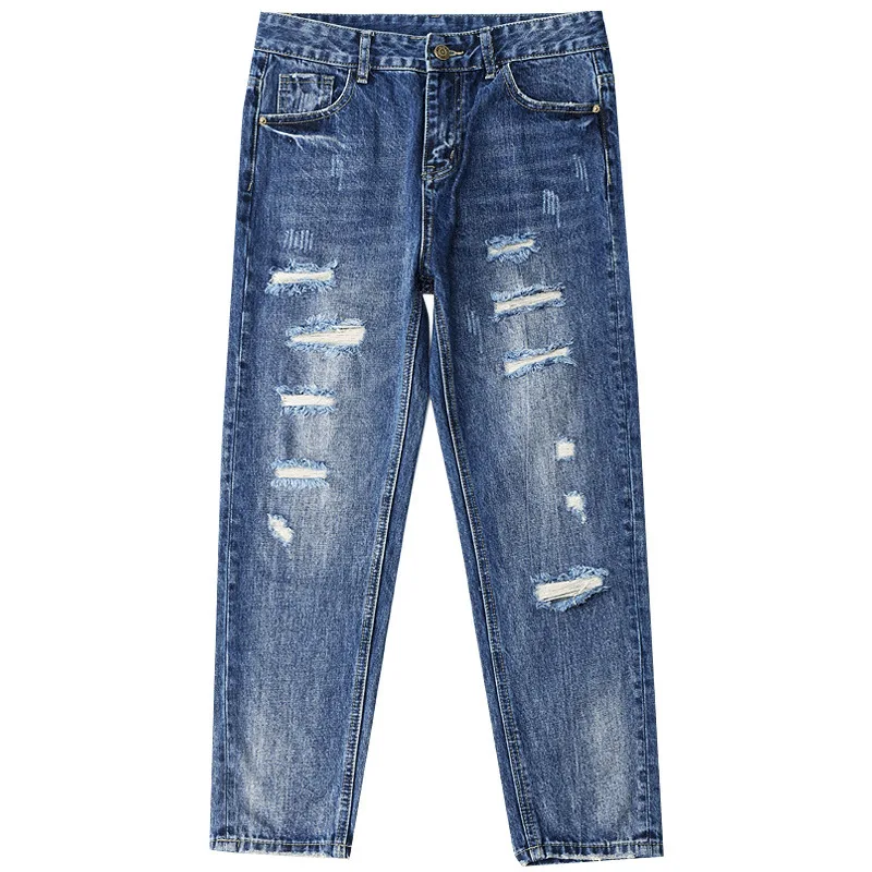 

Women Jean Casual Femme Pantalona Spring Summer Straight High Waist Ladies Vintage Ripped Holes Ankle-Length Pants