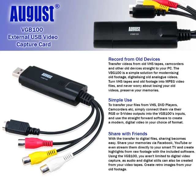 August VGB100 External USB2.0 Video Capture Card Transfer VHS Home Videos  to PC/Capture Xbox 360/S-Video/Composite In