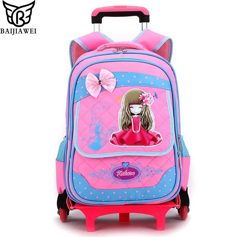 

BAIJIAWEI Kid's Removable Trolley Backpack 6 Wheels Children Schoolbag 2-6 Grade Girls Printing Travel Backpack Shoulder Bag