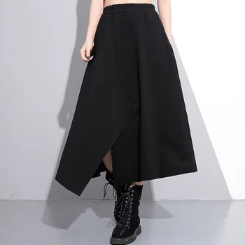 

Johnature 2020 New Elastic Waist Solid Color Loose Casual Fashion Skirt Women Summer High Waist Irregular Slit Skirts Black