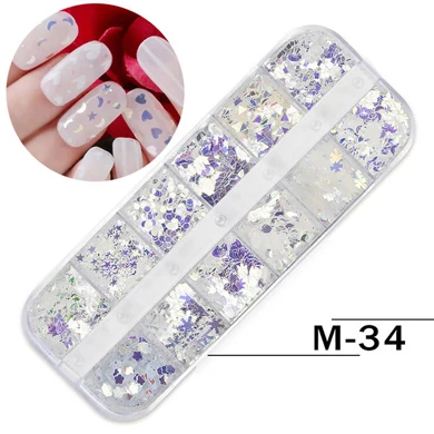 1 коробка, 12 цветов, блестки для лазерного маникюра, жемчужная оболочка для дизайна ногтей, блестящий Гель-лак, неправильный маникюр, сделай сам, украшение для ногтей - Цвет: M-34