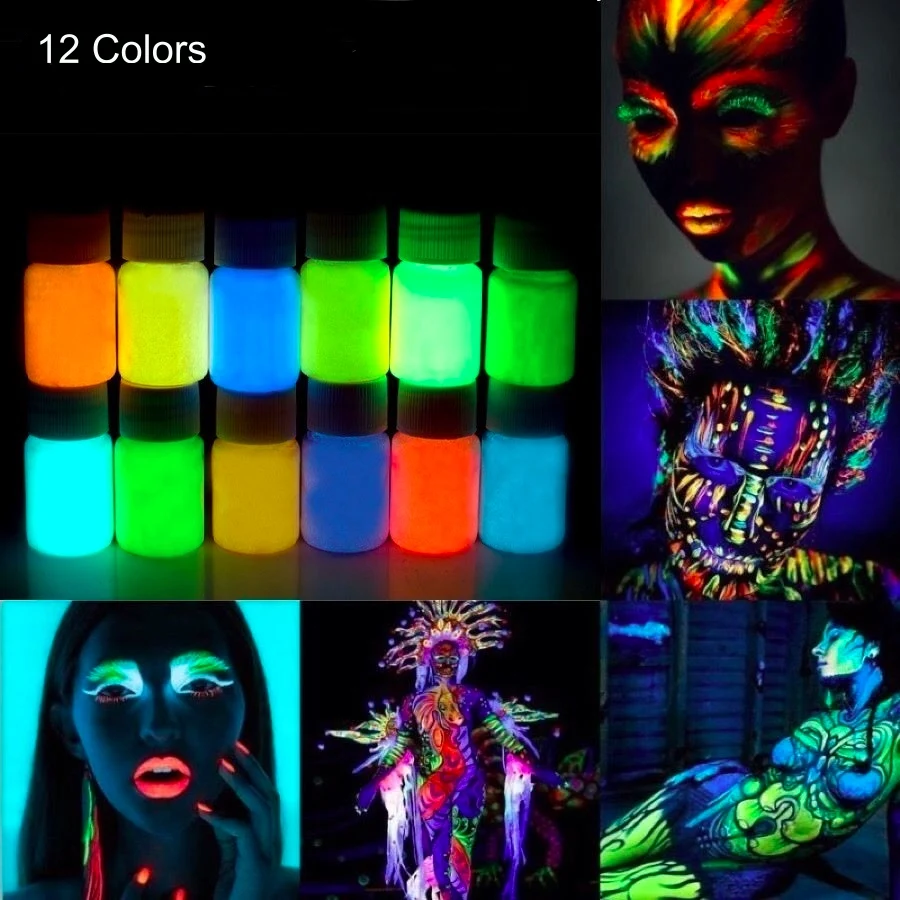 

12x 25g Glowing Face Body Paint Glow In The Dark UV Blacklight Neon Fluorescent for Party & Halloween Body Makeup