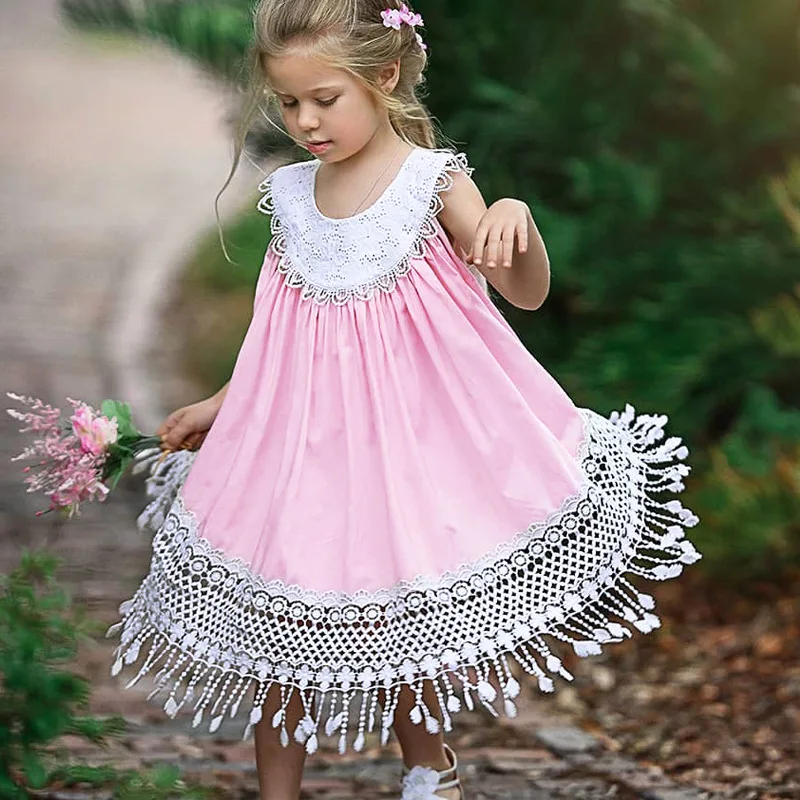 

1-5years girl summer dresses sleeveless mid calf lady dress with tassel