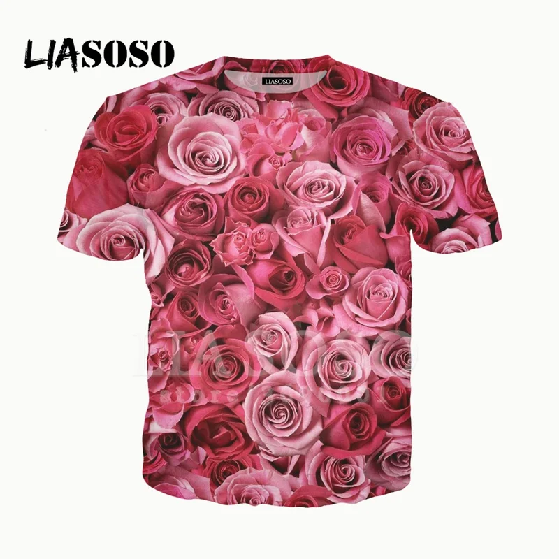 

LIASOSO NEW 3D Print Women Men Flowers Rose Pink Red blossom Butterfly Tshirt Summer T-shirt Pullover Casual Short Sleeve X2388