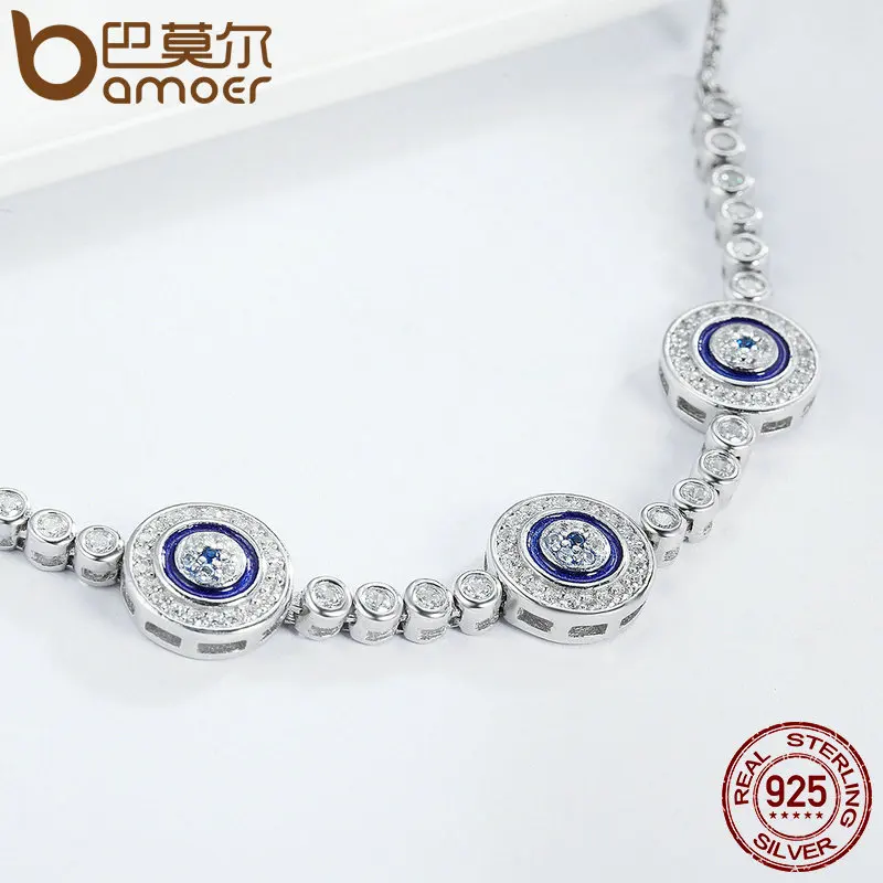 Cena BAMOER New Arrival oryginalna 925 Sterling Silver luksusowe okrągły niebieski oczy czysta cyrkonia kryształ bransoletka tenisowa biżuteria SCB002