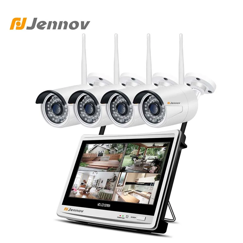 Jennov 4CH 1080 P 2MP 12 дюймов Беспроводной комплект видеонаблюдения Камера безопасности Системы 12 дюймов Беспроводной сетевой видеорегистратор lcd