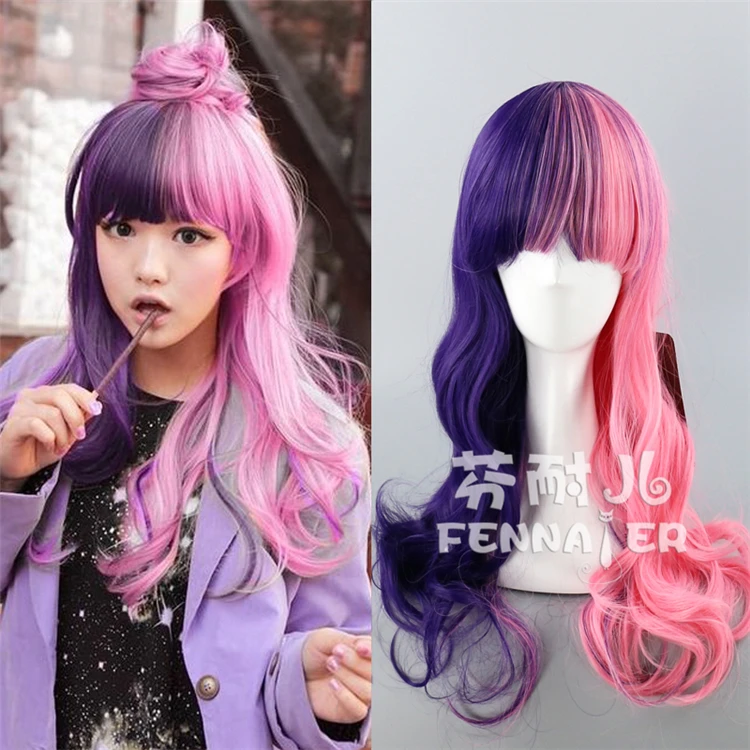 

Lolita Wig Cosplay Halloween Pink Mixed with Purple Cute Lolita Hair Role Play BW Curly Wig Christmas
