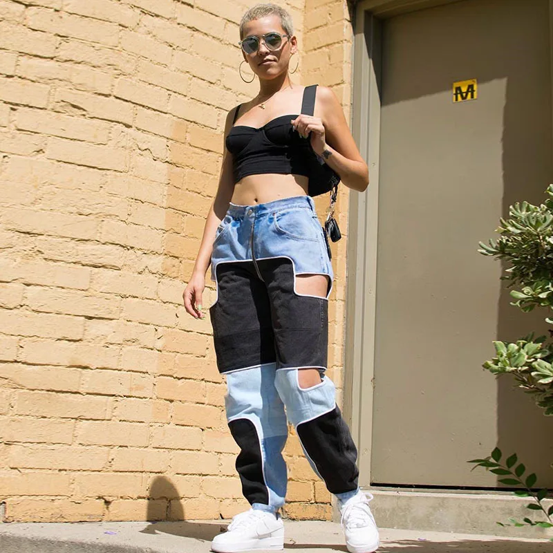 Харадзюку хип-хоп брюки-карго женские открытые брюки с высокой талией уличные Лоскутные Спортивные штаны и Джоггеры для девушек