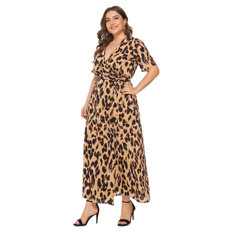 Women Plus Size Leopard Print Dress Sexy Deep V-Neck Short Sleeve 2019 Summer Casual Sheath Loose Ladies Dresses 6XL Vestido | Женская