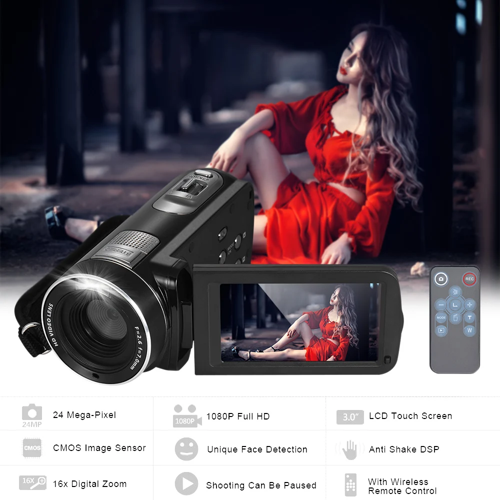 1080P Full HD Цифровая видеокамера 16x цифровой зум с цифровым вращением LCD сенсорный