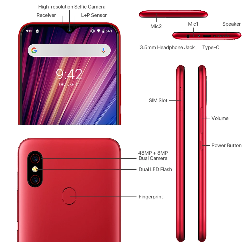 UMIDIGI F1 играть Android 9 0 48MP + 8MP 16MP камеры 5150 mAh 6 ГБ Оперативная память 64 Гб Встроенная 3