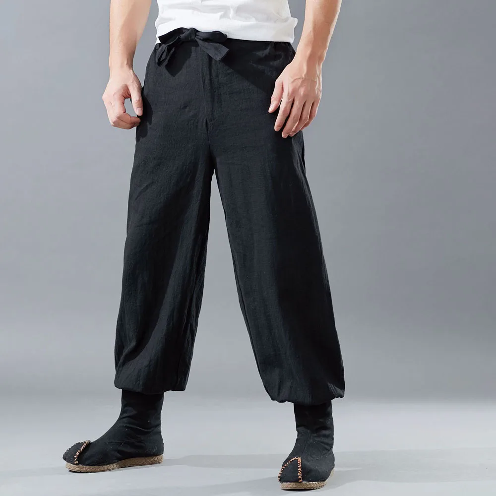 Для мужчин эластичный пояс Llinen Повседневные штаны Прохладный мужской моды свободные сапоги брюки с поясом бегунов Штаны