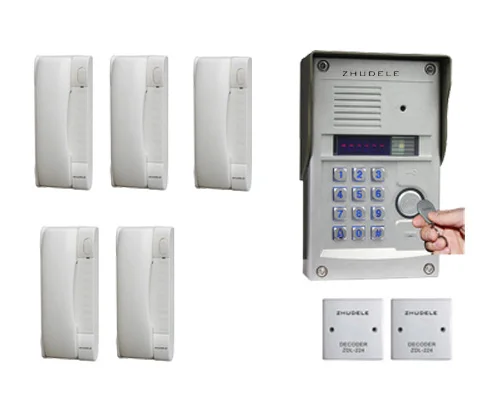 

ZHUDELE Top quality 5-apartments intercom system home security audio door phone kits 008A+327R outdoor station with password