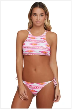 

Free Shipping Sexy Bikini Women Beach Split Swimwear 4F410156 Geometric Print Strappy Back High Neck Swimsuit