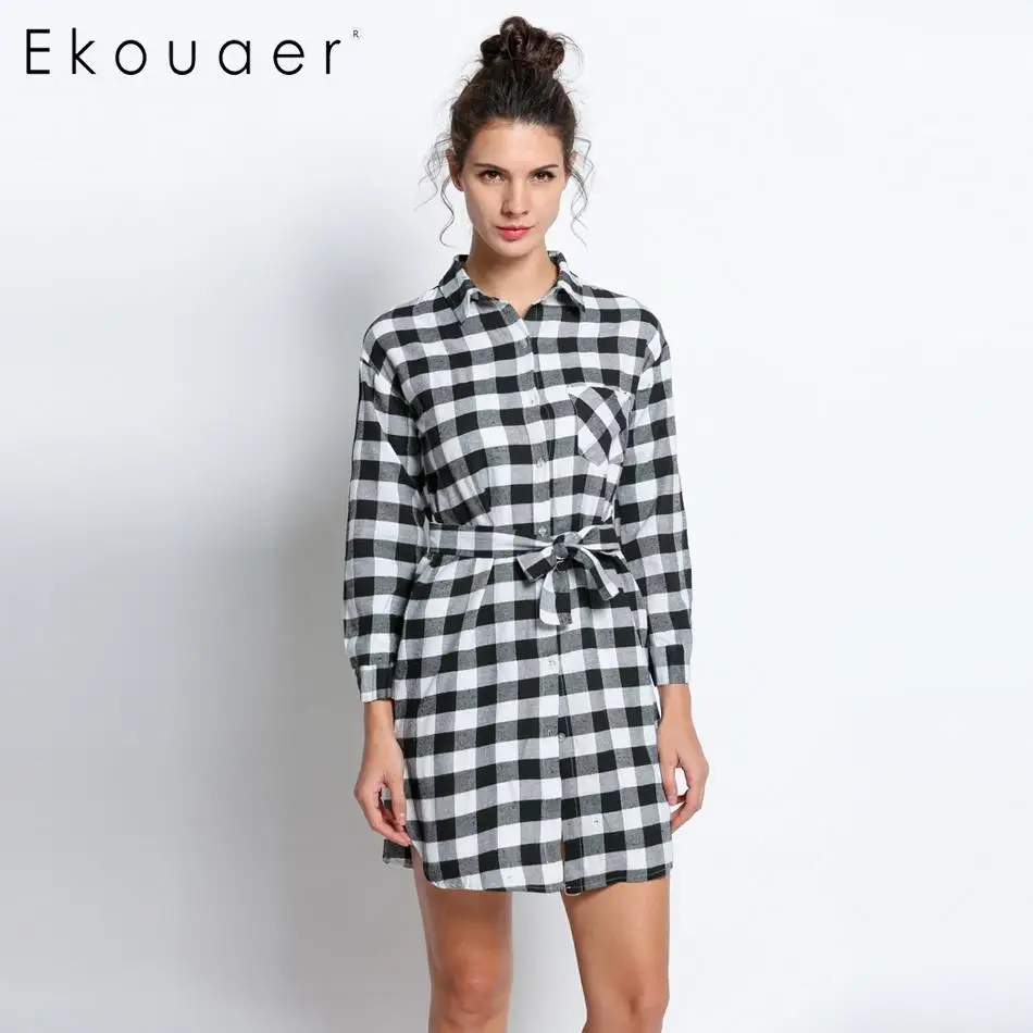 Ekouaer/Модная клетчатая туника платья рубашки офисное платье сексуальные с длинным