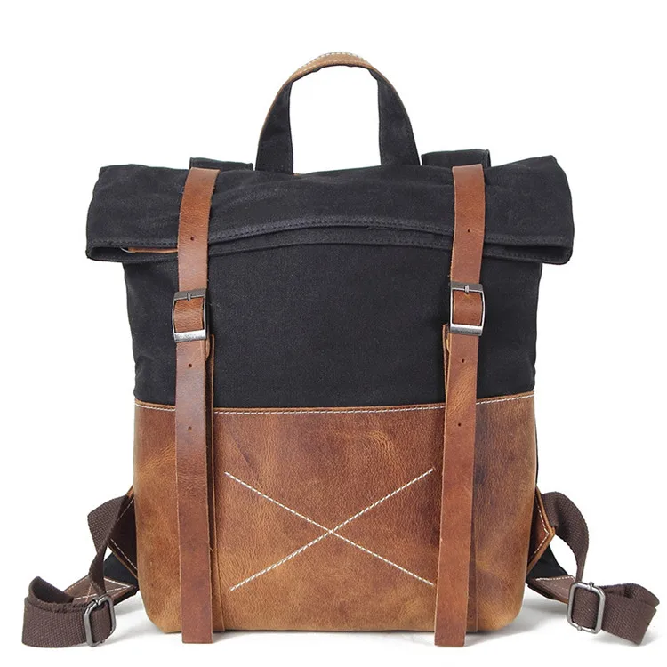 Винтаж масло вощеный холст с натуральной кожи рюкзаки для мужчин водонепроницаемый ежедневный путешествия рюкзак 14 дюймов ноутбук рюкзак для женщин - Цвет: Черный