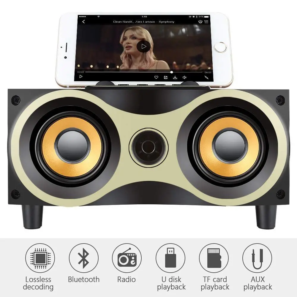 Best Desktop Portable Wooden Wireless Speaker Subwoofer Stero Bluetooth Speakers Support TF MP3 Player with FM Radio, Phone Holder