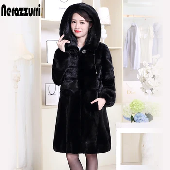 

Nerazzurri Real Mink Fur Coat China Genuine Hooded Winter Natural Mink Fur Jacket Long Sleeve Black Plus Size Overcoat 6xl 7xl